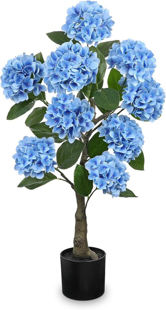 Hollyone 3FT Blue Hydrangea Artificial Flowers Tree Large Real Touch Faux Silk Hydrangea Plants Potted Fake Flower in Black Pot for Home Indoor Outdoor Front Porch Garden Entrance Living Room Decor