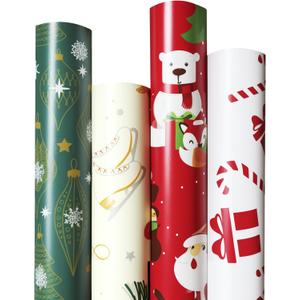 4 Rolls Christmas Wrapping Paper, 17 Inch x 16.5 Feet per Roll, Totaling 94 sq. ft.  Teal Ornaments, Cream Reindeer Mittens & Skates, Red Santa with Trees, White Gifts & Candy Canes  Eco-Friendly Durable Coated Paper Gift Wrap (Colorful)