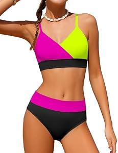 ADIFUN Girls Swimsuit Size 13 Size 14 V Neck Adjustable Straps Black Pink Bikini Set Color Block with Cover Up Skirt Bathing Suits for Teen Girls Size 12-14