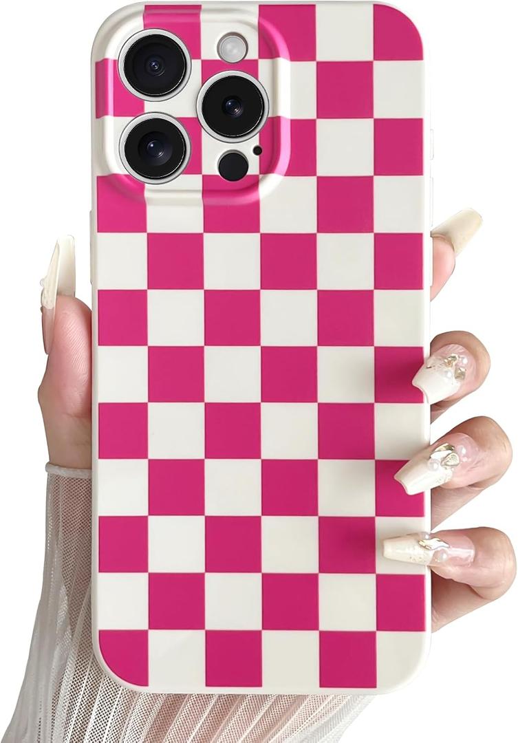 Skyseaco Compatible with iPhone 16 Pro Max Case Cute Checkerboard Checkered Pattern Design Soft Slim TPU Phone Case Shockproof Full Camera Protection for Women Girls - Hot Pink