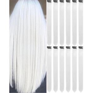 22 Inch Colored White Hair Extensions Party Highlights, Straight Hairpiece Clip in Synthetic Hair Extensions for Kids Girls (12 Pcs, White)