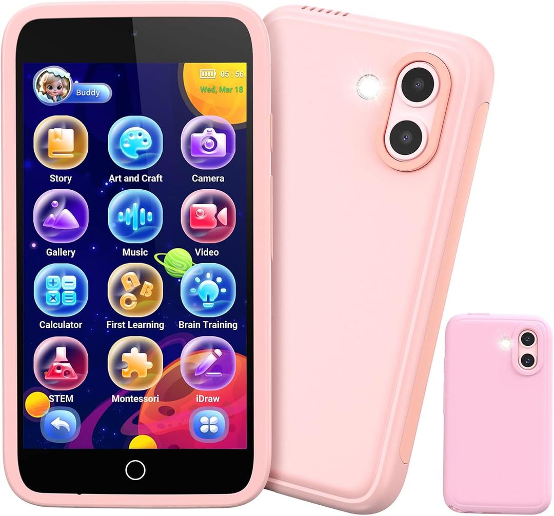 Kids Smart Toy Phone, Dual Camera with Stickers, 3.97" Touchscreen Learning Toy with 210+ Games, 190+ Drawing Activities, 8GB Kids Cell Phone, for Ages 3-12 (Pink )
