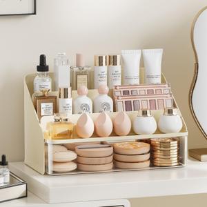 Lipsticks Holder,Lipgloss Organizer and Storage Display Case for Lip Gloss,Makeup Organizer with drawer,3 Rows spacious compartments & 1 extra drawers Makeup Holder & Cosmetics Display(Cream)