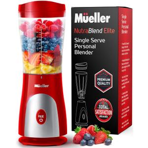 Mueller Personal Blender for Shakes and Smoothies with 15 Oz Travel Cup and Lid, Juices, Baby Food, Heavy-Duty Portable Blender & Food Processor, Red