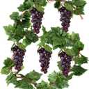5Pcs 36 Leaves Artificial Greenery Garlands Hanging Leaves with 5 Strings 36 Purple Grapes for Faux Grape Leaf Garland Vine Plants for Indoor Outdoor Wedding Garden Home Party Wine Rack Decor