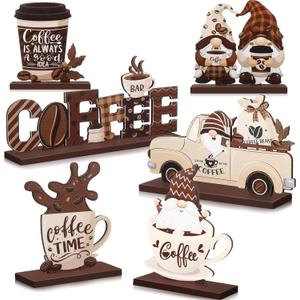 Blosssound 6 Pcs Coffee Bar Decor Sign Coffee Bar Accessories Farmhouse Gnomes Rustic Table Centerpiece Wood Tiered Tray Decor Table Signs for Home Kitchen Ornament