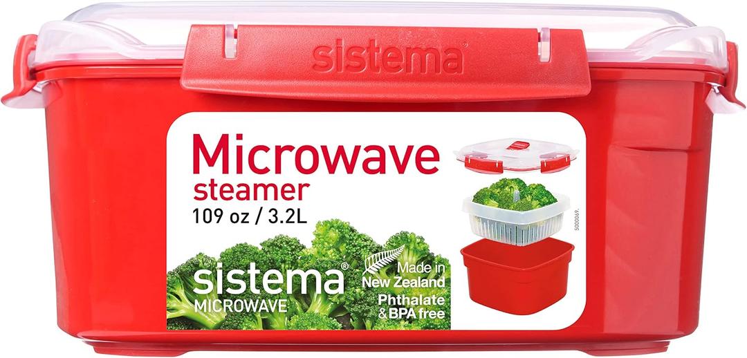 Sistema Heat & Eat Microwaveable Food Steamer with Removable Steamer Basket & Steam Release Vents, Large 3.2L Capacity, Dishwasher & Freezer-Safe, BPA-Free