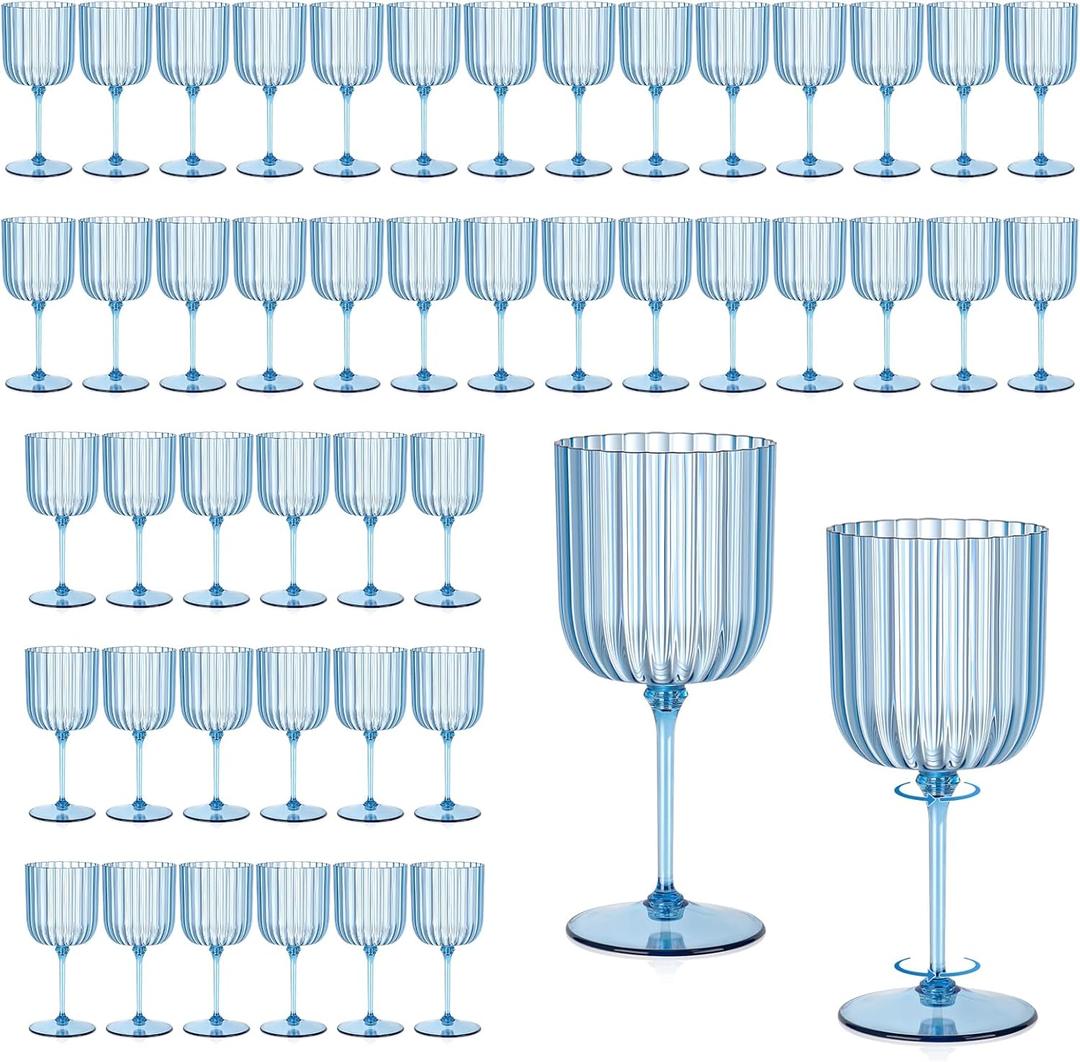 48 PCS Plastic Ribbed Wine Glasses 11oz Blue Detachable Wine Goblet Unbreakable Vintage Ripple Water Goblets Cocktail Drinking Cups for Parties Weddings Poolside Outdoors