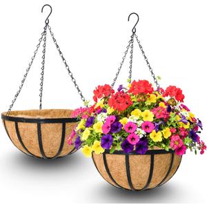 2 Pack 12 Inch Hanging Baskets for Plants Outdoor Metal Hanging Planters Round Hanging Flower Pots with Coco Coir Liner Plant Holder for Outdoor Patio Garden Balcony Decor - Flat Iron