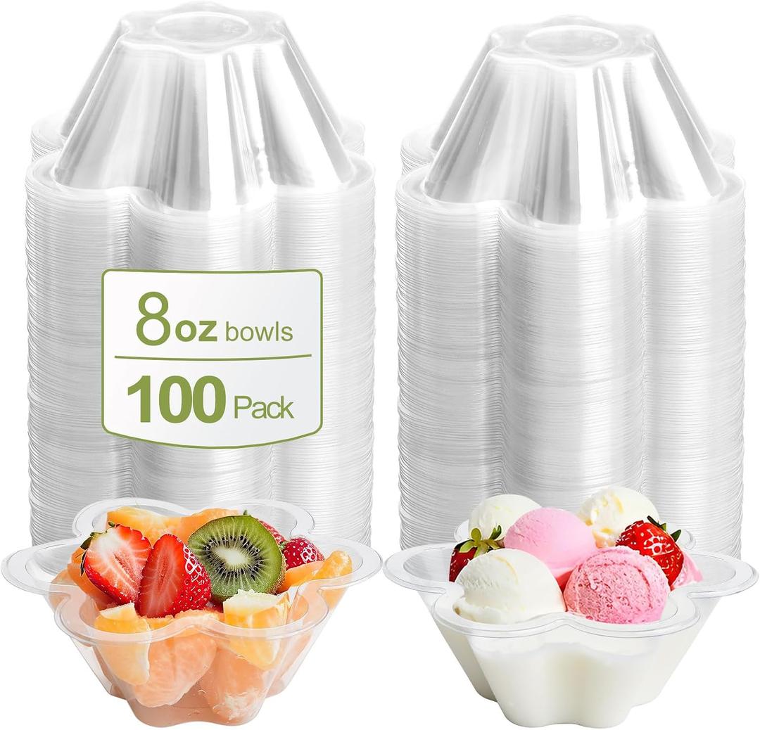 Clear Bowls, 100 PCS Ice Cream Cups, Christmas Candy Bowl, Small Disposable Clear Appetizer Serving Cup for Dessert Cake Snack Sundae Salad Nuts Snack for Party Favor Wedding Flower Shape (8OZ)