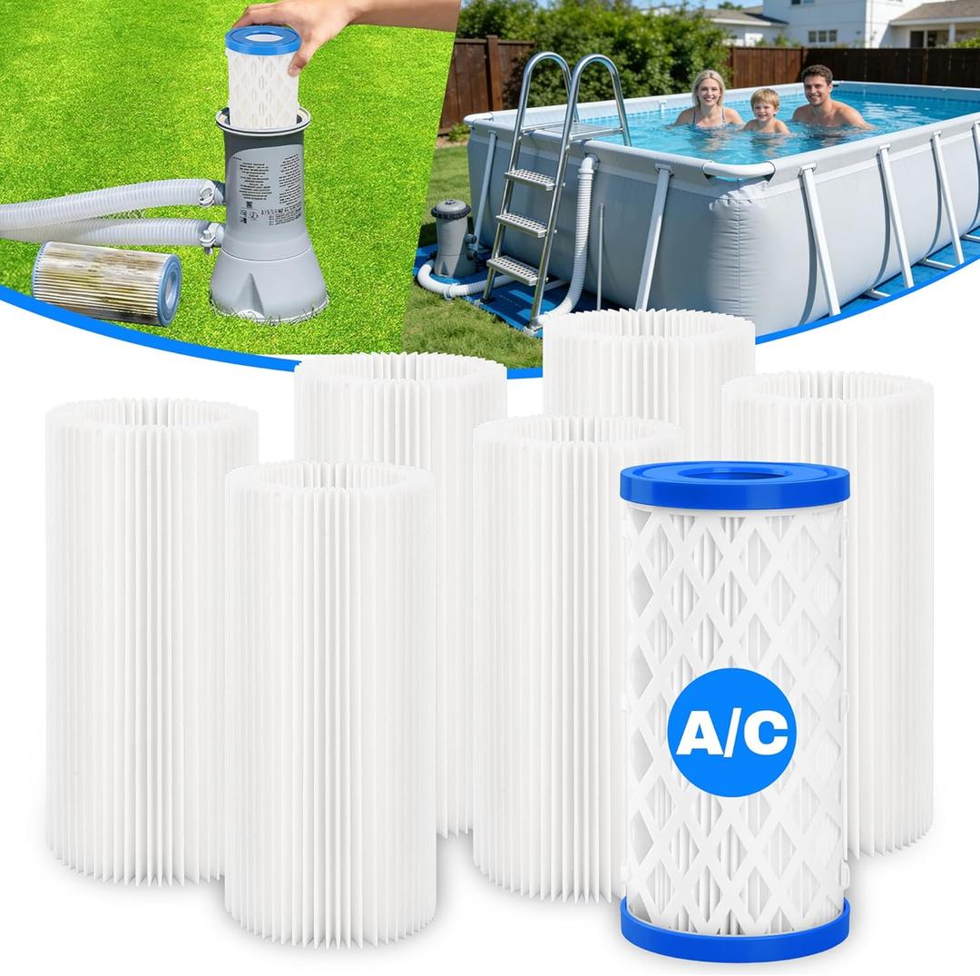 6 Pack Universal Pool Filters for Type A Type C or III Cartridge Pump, Reusable Pool Filter Type A/C for AboveGround Swimming Pools&SPAIncludes 1 Removable Cartriaqe and 6 Replacement Filter Papers)