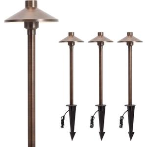 Gardencoin Solid Brass Low Voltage Pathway Lights (6.7'' Shade, 21.9'' Tall), 12V AC/DC Heavy Duty LED Landscape Path Lights Outdoor Wired, Antique Bronze Walkway Lights with Larger Stake, 4-Pack