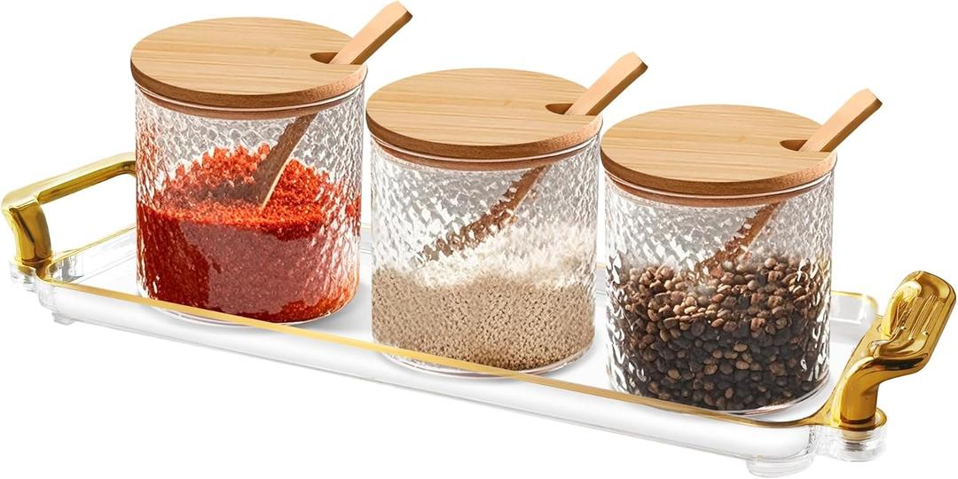 Glass Seasoning Containers Pot with Lids and Spoons Set of 3 Clear Spice Storage Jar and Containers with Display Tray for Home Kitchen Cafe, salt, sugar, pepper, spice Elegant and Durable
