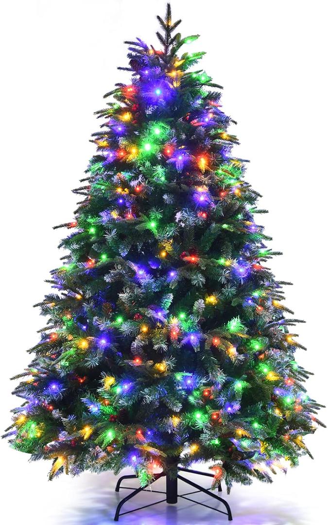 Goplus 5FT Pre-Lit Artificial Christmas Tree, Hinged Realistic Snowy Xmas Pine Tree W/ 250 Color Changing LED Lights, 11 Flash Modes, Pine Cones and Red Berries, for Home, Office, Party Decoration