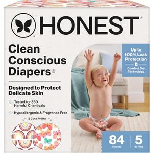 The Honest Company Clean Conscious Diapers for Sensitive Skin Up to 100% Leakproof Hypoallergenic Fragrance-Free Baby Girl Prints Super Club Box Size 5 (27 lbs) 84 Count (Prints (Wingin' It + Catching Rainbows)