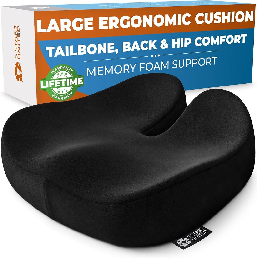 5 STARS UNITED Seat Cushion - Memory Foam Chair Cushion for Tailbone Pain Relief - Ergonomic Support for Coccyx, Sciatica & Butt - Office, Desk & Gaming Chair, Car Seat, Wheelchair, Black Suede, XX-Large