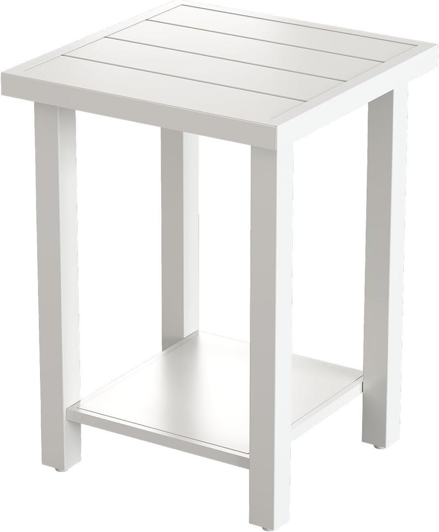 Metal Outdoor Side Table, 2-Tier Sturdy Patio End Table Weather Resistant, 16.5" * 16.5" * 18.1" Solid Square End Table for Patio, Pool, Porch (White)