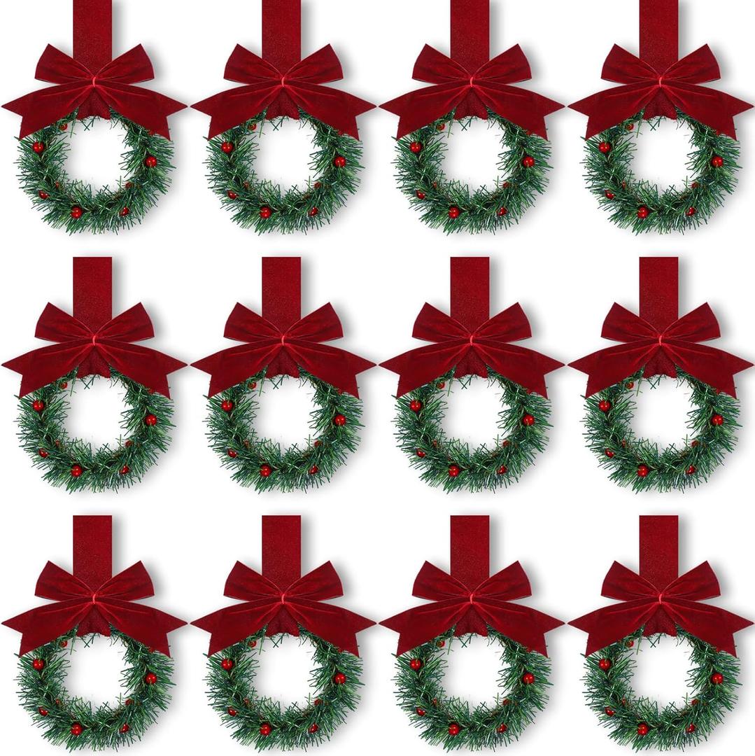 Retrowavy 12 Pcs Christmas Kitchen Cabinet Wreaths with Ribbon 3.94 Inch Mini Christmas Wreath Small Kitchen Xmas Decor for Window Door(Burgundy Red,Classic Style)