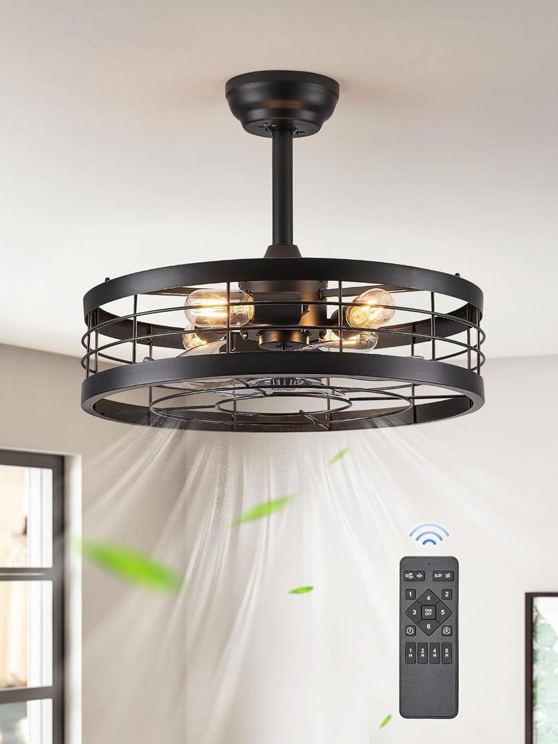 LEDIARY 20 inch Fandelier Caged Ceiling Fan with Light, Bladeless Ceiling Fan with Remote, Farmhouse Fan Lights Ceiling Fixtures for Kitchen, Bedroom, Outdoor(6 Speed, Timing)-Black (20 Inch, Black)