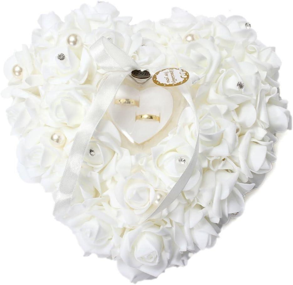 Wedding Ring Pillow, Irovy Ring Bearer Holder Pillows Heart Shape Rose Lace Cushion for Wedding Party Anniversary Ceromony
