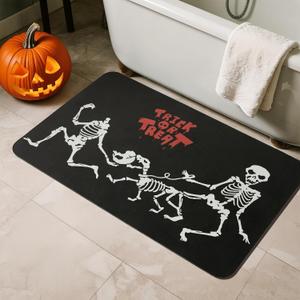 Halloween Bath Mat, Thin Halloween Bathroom Rug Non Slip Quick Dry Skeleton Bath Mat Fits Under Door Thin Floor Mat Halloween Decor, 17''x30'', Skull Treat or Trick Black (1'5" x 2'6" (Rectangular))