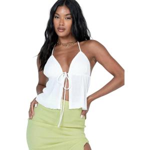 Women's Halter Neck Tie Front Crop Top - Deep V Neck Sleeveless Tank Top, Y2K Trendy Backless for Summer Party (US, Alpha, Medium, Regular, Regular, White) (White, M)