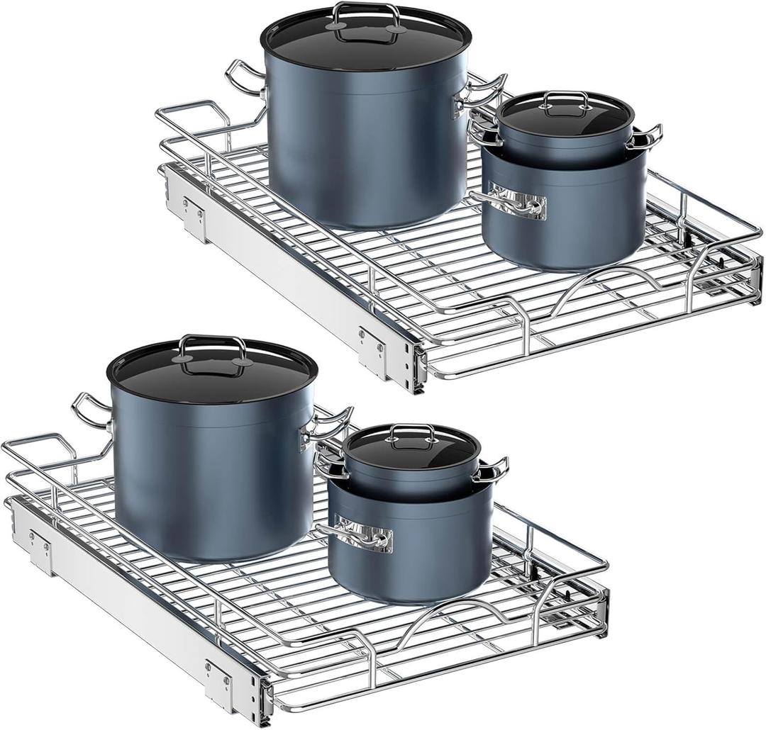 OCG Pull Out Cabinet Organizer 2 Pack (12" W x 21" D), Pull out Shelves 1 Tier, Cabinet Slide Out Shelves for Base Cabinet Organization in Kitchen Bathroom Pantry, Bottom Mount, Chrome Finish