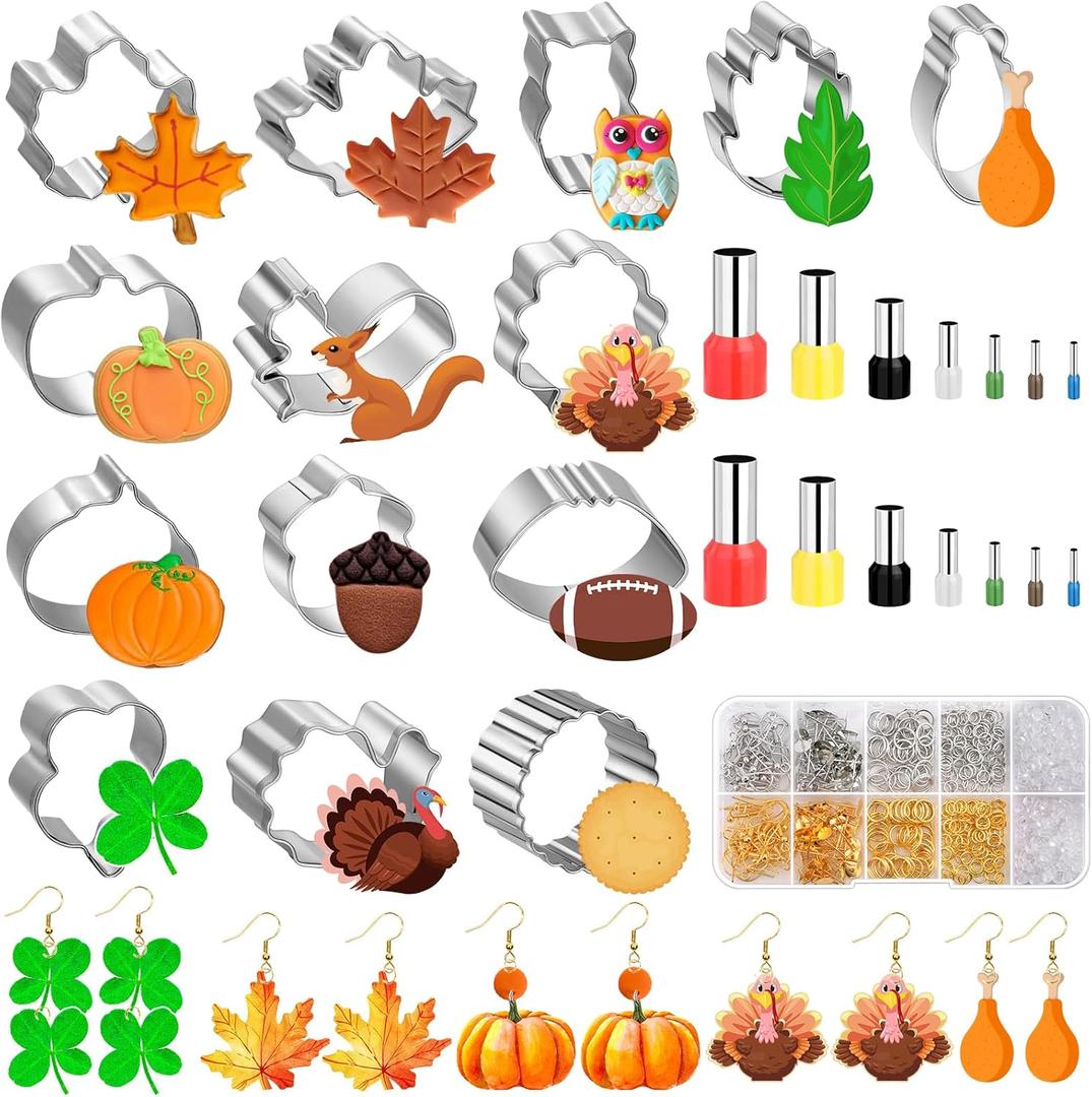 Thanksgiving Polymer Clay Earing Cutters, Fall Polymer Clay Cutters Mini Pumpkin Chicken Earrings Cutters with 640 Jewelry Making Accessories 16 Circle Shape Earring Cutters Tools