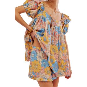 ROAONOCOMO Women Floral Pajama Set Ruffle Puff Sleeve Peplum Shirt Coquette Pj Set Bow Babydoll 2 Piece Shorts Outfit (Yellow, S)