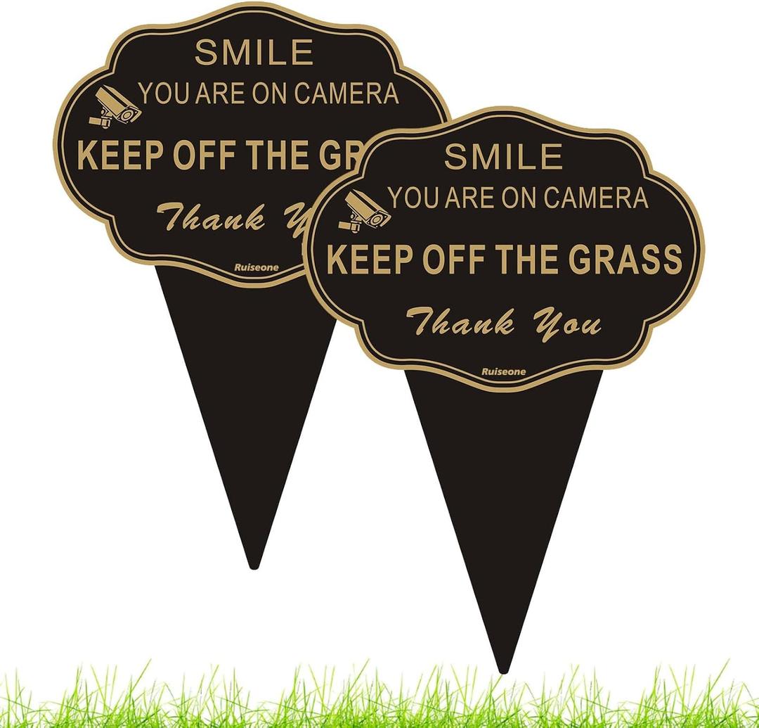 Keep Off The Grass Sign 2 Pack, 14X10 Double Sided Smile You Are on Camera Stay off Grass Sign For Yard With Integrated Stake No Poo or Pee on Lawn Heavy Duty Aluminum for Outdoor Use