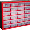Akro-Mils 24-Drawer Plastic Drawer Storage Cabinet for Garage Organization, Bead Organizer, Building Bricks Storage, Teacher Toolbox, Makeup Organizer, 20" W x 6" D x 16" H, 10124 Red