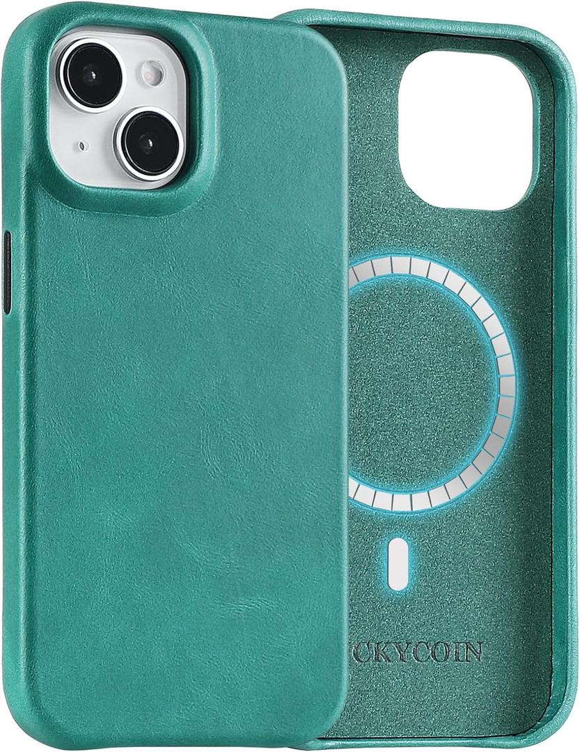 LUCKYCOIN Premium Full Grain Leather Magnetic Phone Case for iPhone 15, Compatible with MagSafe, Metal Buttons, Slim Fit Classic Leather Protective Case for Everyday Use  Green