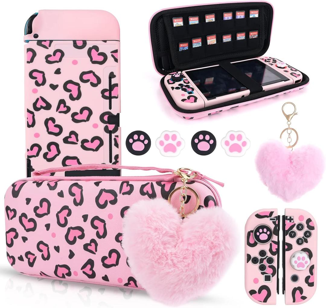 DLseego Pink Love Leopard Carrying Case for Switch, Cute Silicone Protective Shell Soft Cover with 4PCS Thumb Grip Caps and Pink Plush Heart Pendant Hard Storage Case Accessories Kit Bundle for Girls (Switch 1 6.3inch)