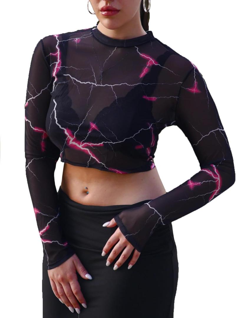 Avidlove Mesh Top Mesh Crop Top for Women Y2K Long Sleeve Mock Neck Top S-XXL (Black, S)