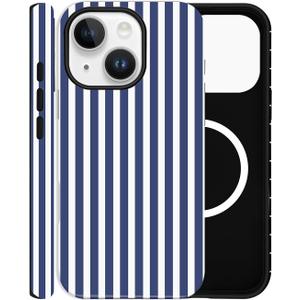 Magnetic Case for iPhone 13, Compatible with MagSafe, Aesthetic Striped Cute Design for Women, Hybrid 2-Layer Hard Shell Phone Cover, Deep Blue