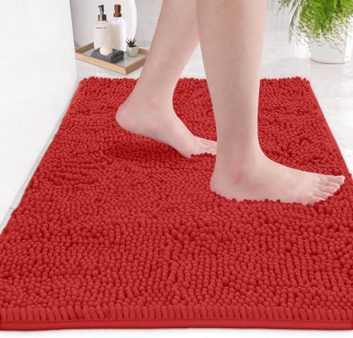 LuxUrux Ultra Soft Texture Chenille Plush Bath Rugs Floor Mats, Bath Rug Non Slip Microfiber Door Mat for Kitchen/Entryway/Living Room (30 x 20 inches, Red)