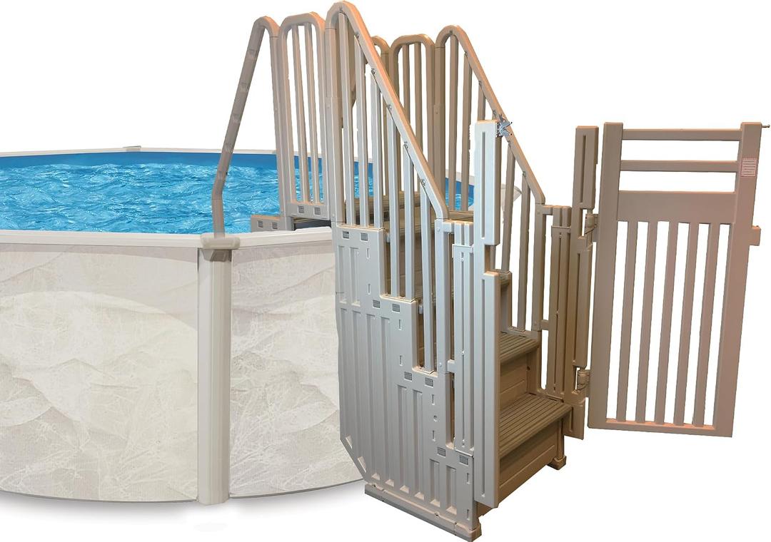 Confer Plastics Step Enclosure System: Above Ground Entry System, Dual Handrails, Slip-Resistant Steps, Supports 400 lbs, Easy Install – Made in USA, Warm Grey with Grey Step-1X Treads
