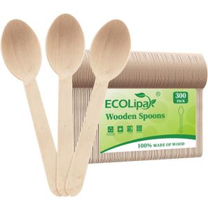 ECOLipak 300 Count Wooden Disposable Spoons, Compostable Wooden Spoons for Party, Camping, Traveling, Family Dinners