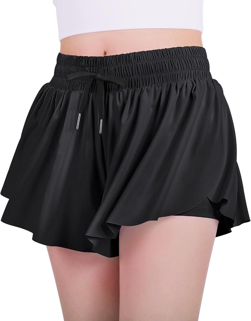 JOCMIC Girls Flowy Shorts, 2 in 1 Preppy Butterfly Shorts with Spandex Liner for Cheer Athletic Gym Teens Casual Clothes Black, 8 Years