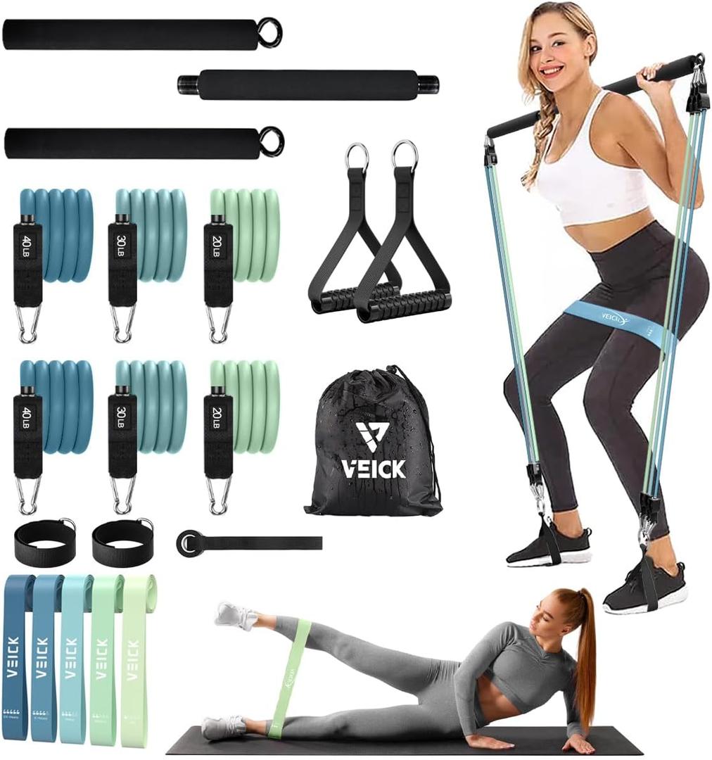 VEICK Pilates Bar Kit with Resistance Bands, Elastic Workout Bands for Men Women, Set of 5 Resistance Loop Bands for Home Fitness Stretching Strength Training (Blue)