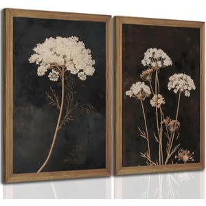 2Pcs Framed Moody Botanical Wall Art with Wood Frame Vintage Queen Annes Lace Flower Canvas Paintings Rustic Floral Poster Picture Prints Decor for Farmhouse Living Roomor Bedroom12X16Inch