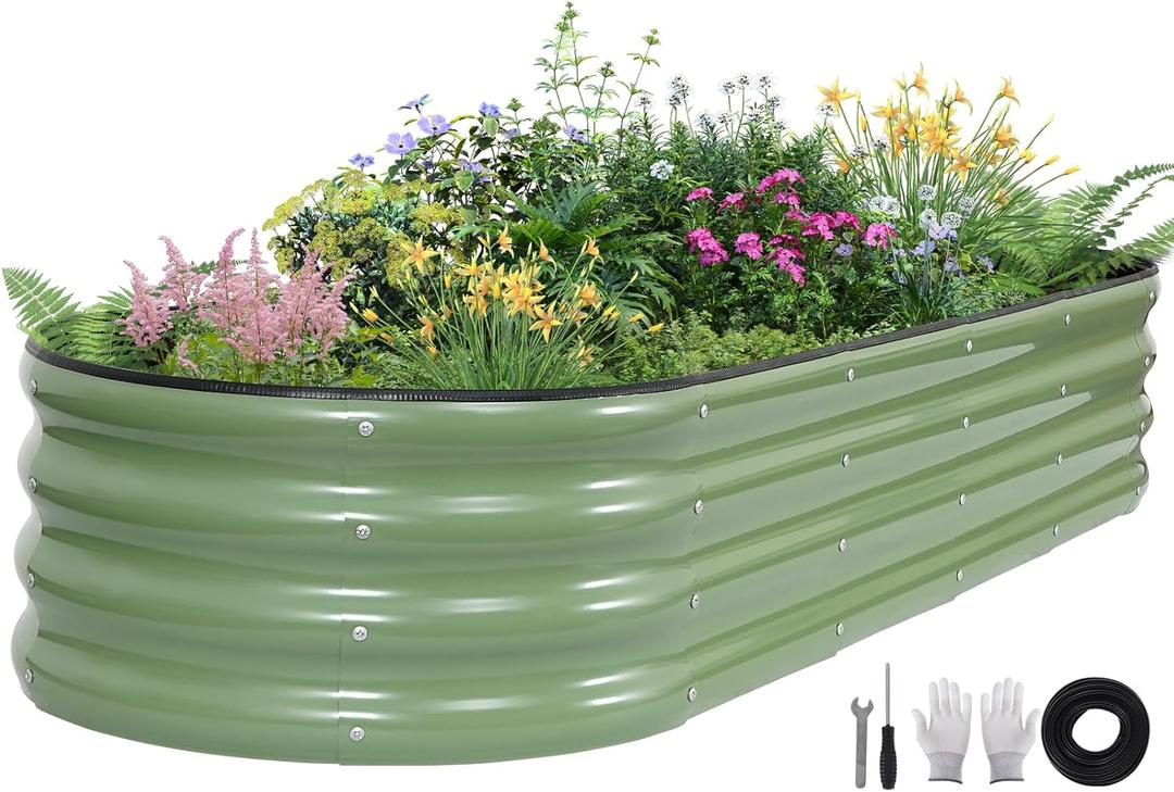 Galvanized Raised Garden Bed - 621ft Planter Raised Beds for Gardening | Oval Metal Garden Planter Box with Safety Edging and Gloves for Vegetables Fruits and Flower OliveGreen