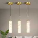 LMQNINE Natural Alabaster Pendant Lights for Kitchen Island White Marble Long Tube Chandelier 4000K Modern Gold Ceiling Light Fixtures for Bedroom Dining Room Table Living Room Hallway(S-3Pack)