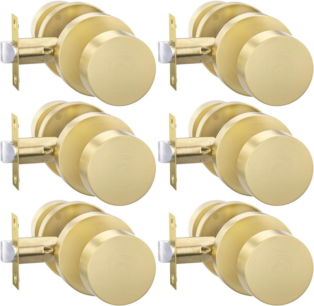 Goldenwarm Gold Closet Door Knobs, Zinc Alloy Brushed Gold Passage Door Knob, Interior Door Knob for Hallway, Closets, Brushed Brass Door Knobs Interior, Heavy Duty Round Ball (6 Pack)