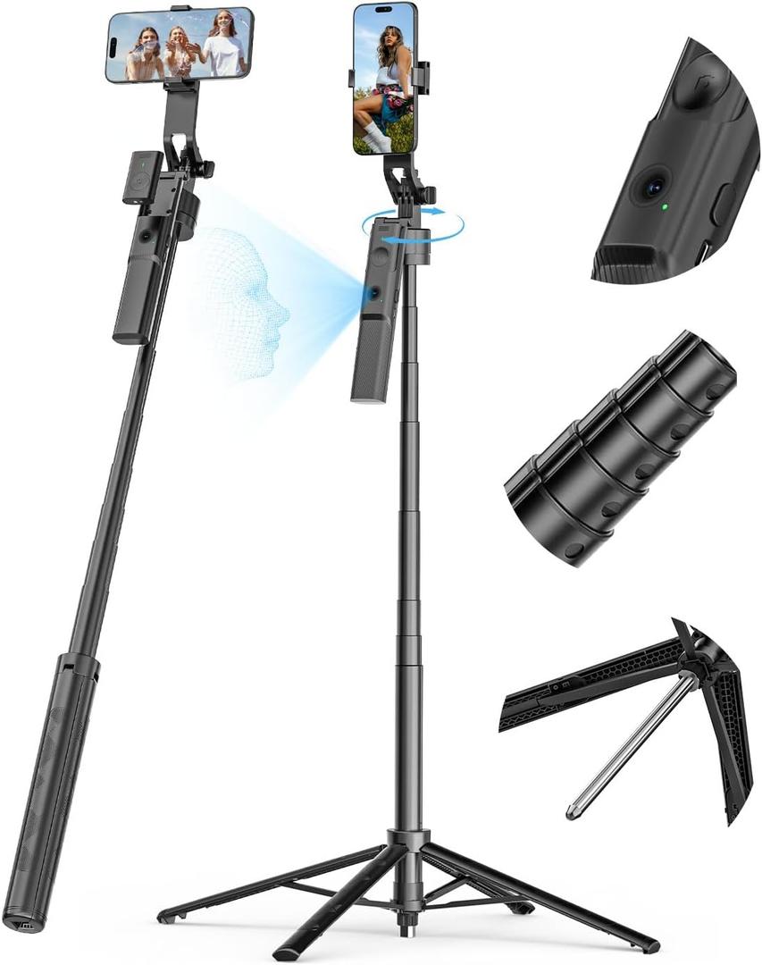 Auto Face Tracking Tripod for iPhone 360°Rotation,Selfie Stick for Android w/Remote&Ground Spike,68” Phone Tripod Stand that Follows Your Movement for Video Recording,Vlogging(R01)