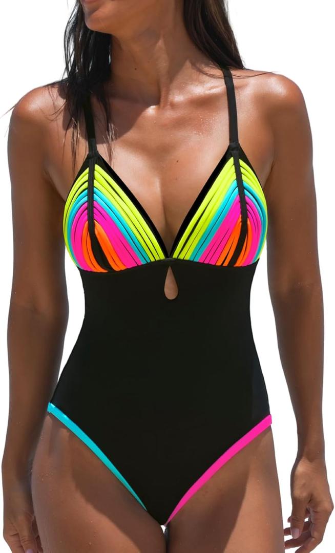 popvil One Piece Swimsuit for Women 2026 Bathing Suit Rainbow Color Block Swim Suits Deep V Neck Swimwear L