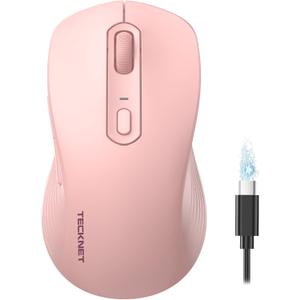 TECKNET Rechargeable Bluetooth Mouse, [ USB + BT5.0 + BT3.0 ] Wireless Mouse, Ergonomic Design, Silent Click, 6-Level 4800 DPI Wireless Mice, 3-Device Switching for Laptop, Computer, MacBookPink