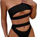 Lilosy Cutout One Shoulder High Waisted Cut Leg Thong Brazilian Bikini Swimsuit Set Women Cheeky Bottom Bathing Suit 2 Two Piece Knotted Black, Small