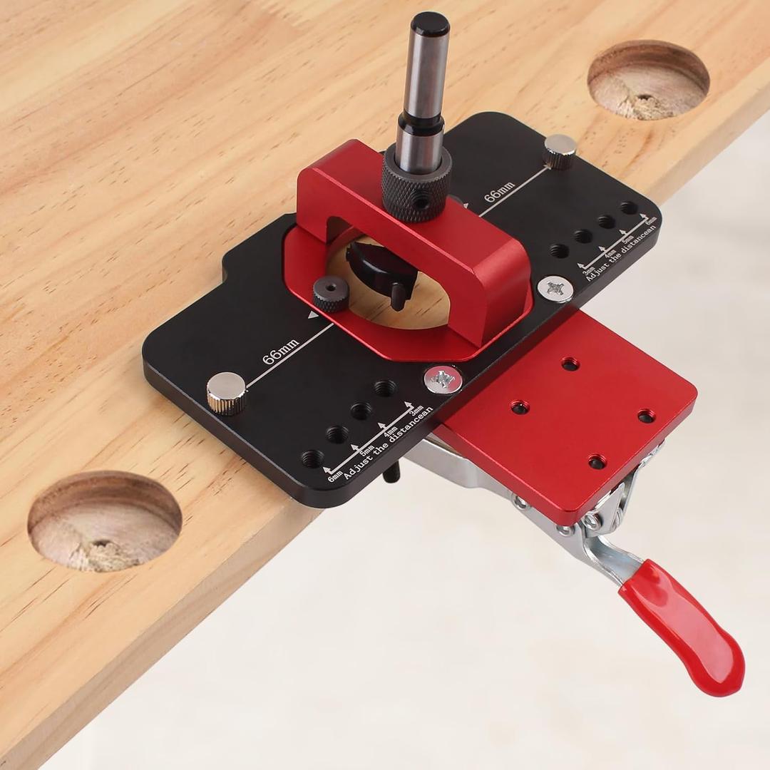 35mm Metal Concealed Hinge Jig Hinge Hole Drilling Jigs with Quick Clamp, Dust Vacuum Adapter Concealed Door Hinge Jig Guide for Woodworking Door Cabinet Hinges Mounting Tool (Black&red)