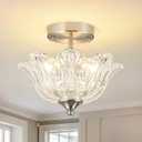 Semi Flush Mount Ceiling Light, Brushed Nickel Light fixtures with Floral Clear Glass Shade, Modern Close-to-Ceiling Lighting for Bedroom Kitchen Living Room Hallway